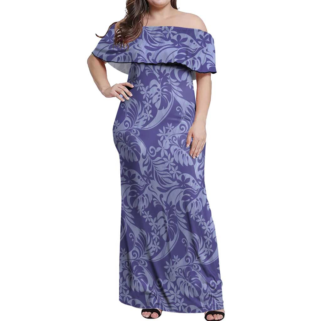 Tahiti Vareau Tiare Floral Off Shoulder Maxi Dress Monstera Palm Tropical Leaves LT01 Women Purple - Polynesian Pride