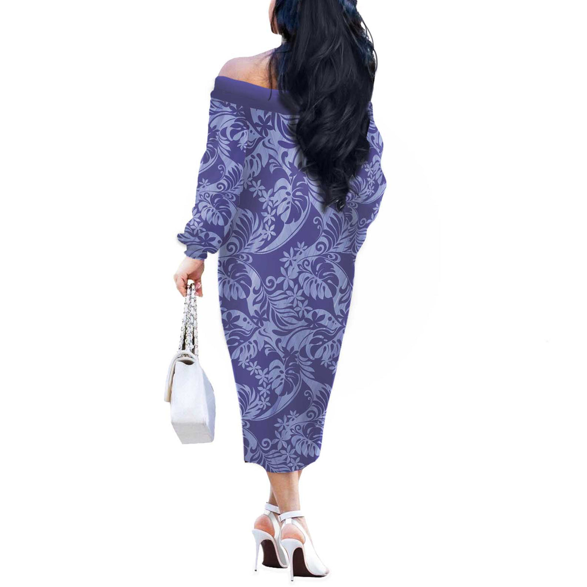 Tahiti Vareau Tiare Floral Off The Shoulder Long Sleeve Dress Monstera Palm Tropical Leaves LT01 - Polynesian Pride