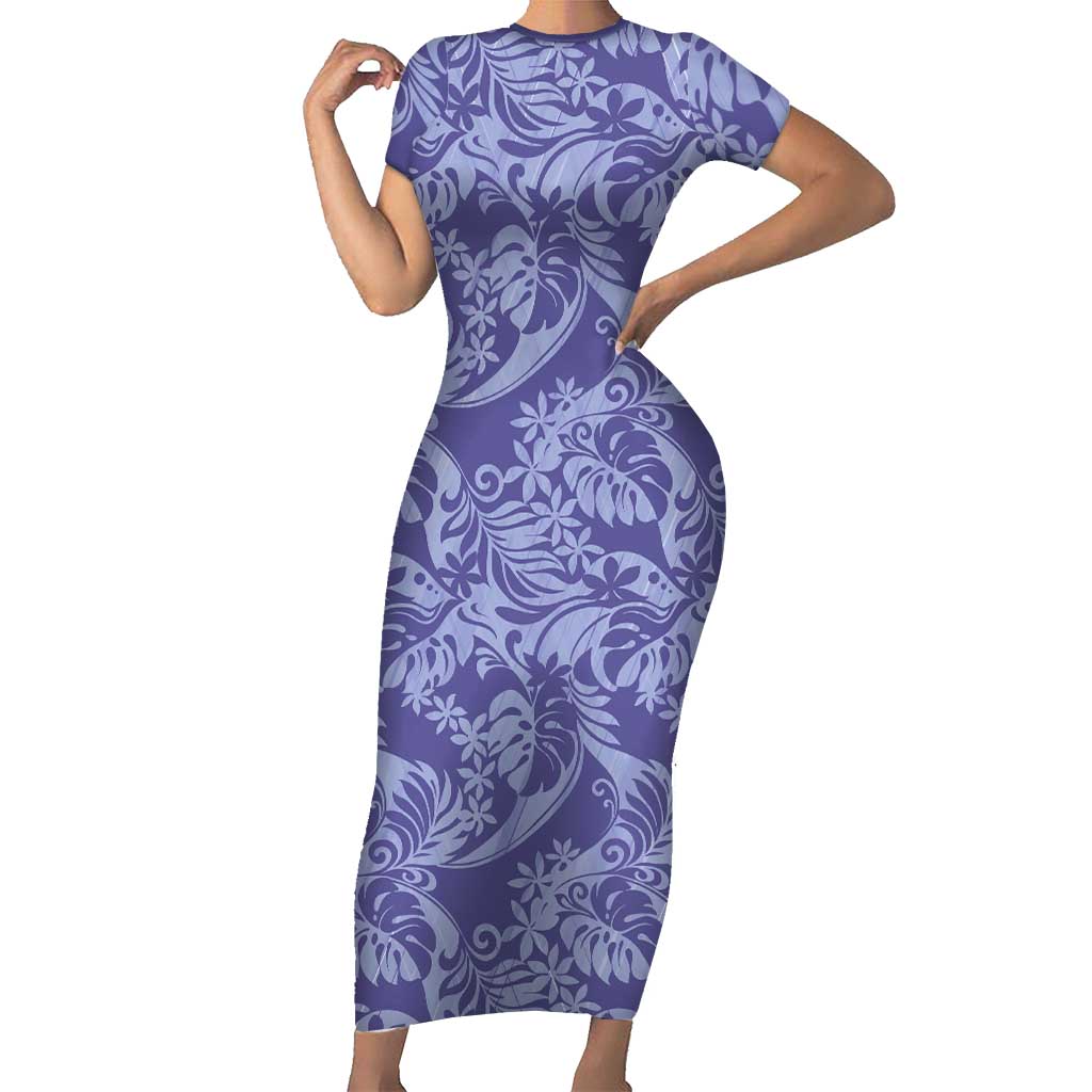 Tahiti Vareau Tiare Floral Short Sleeve Bodycon Dress Monstera Palm Tropical Leaves LT01 Long Dress Purple - Polynesian Pride