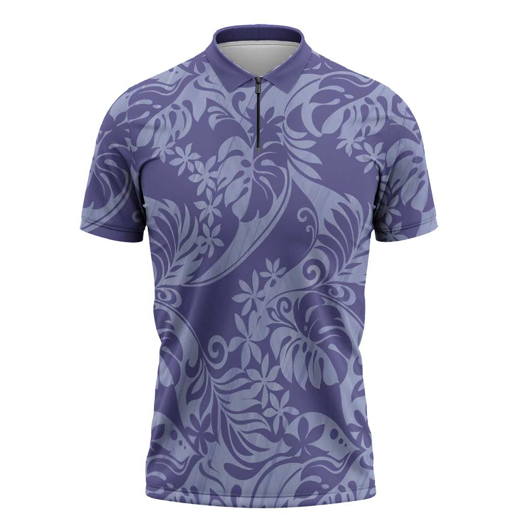 Tahiti Vareau Tiare Floral Zipper Polo Shirt Monstera Palm Tropical Leaves - Polynesian Pride