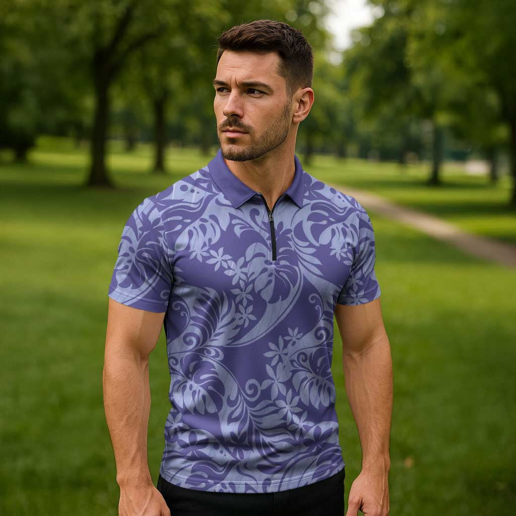 Tahiti Vareau Tiare Floral Zipper Polo Shirt Monstera Palm Tropical Leaves LT01 - Polynesian Pride
