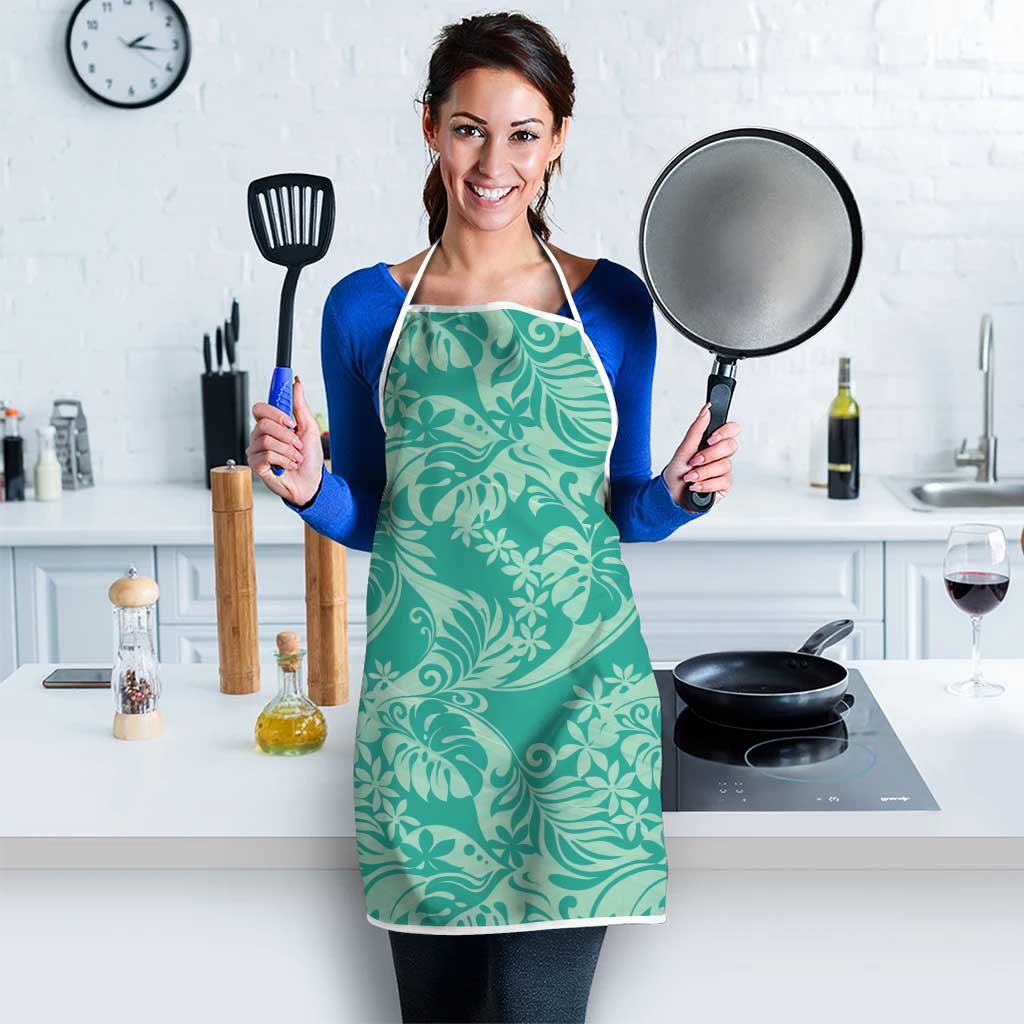 Tahiti Teal Tiare Floral Apron Monstera Palm Tropical Leaves - Polynesian Pride