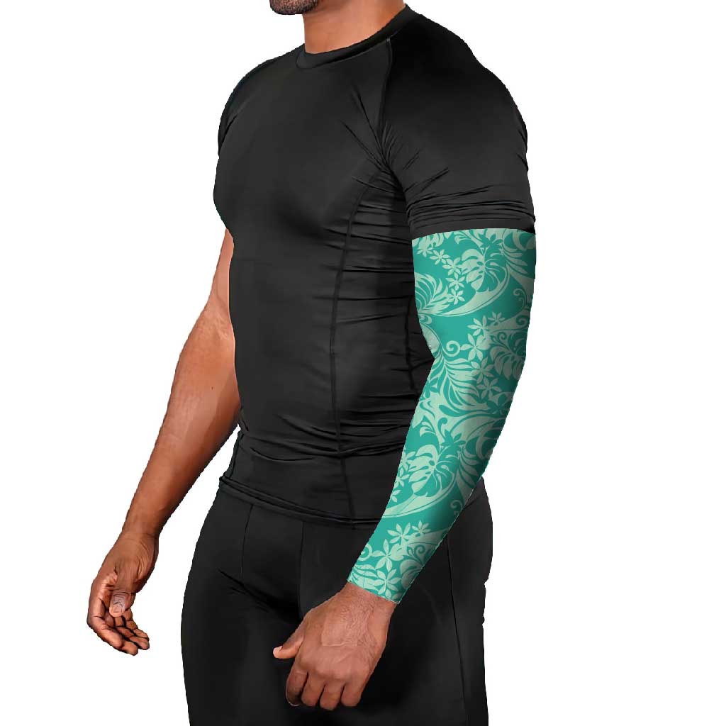 Tahiti Teal Tiare Floral Arm Sleeves Monstera Palm Tropical Leaves - Polynesian Pride