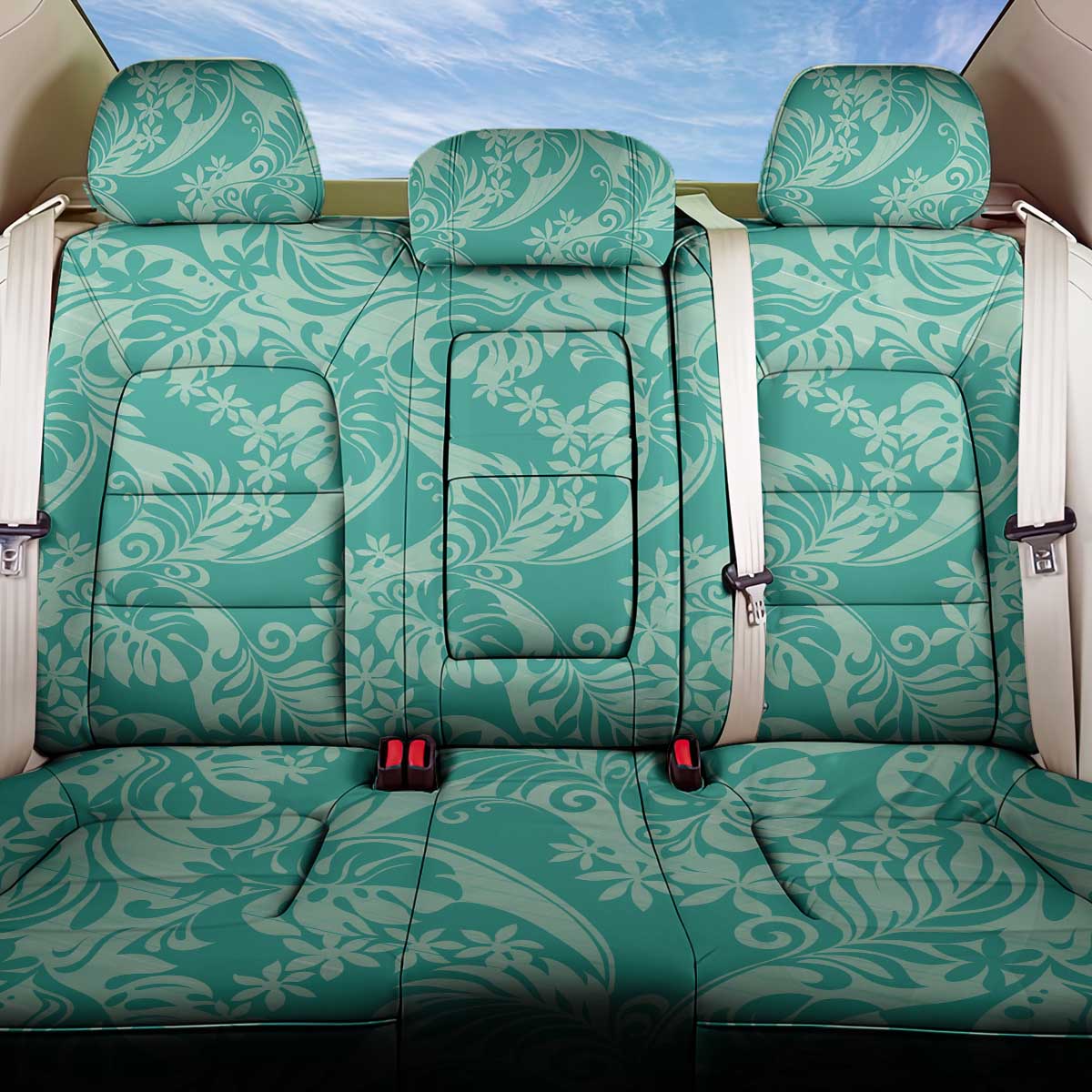 Tahiti Teal Tiare Floral Back Car Seat Cover Monstera Palm Tropical Leaves LT01 One Size Teal - Polynesian Pride