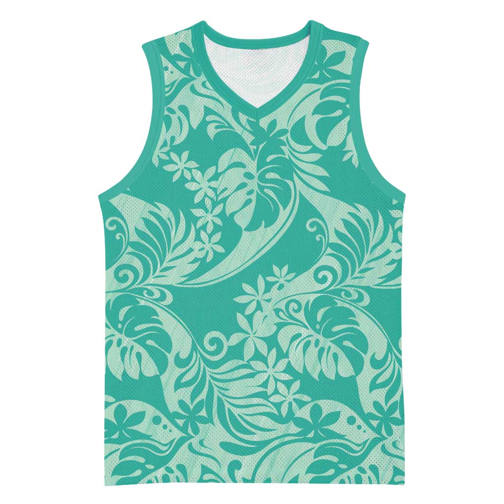 Tahiti Teal Tiare Floral Basketball Jersey Monstera Palm Tropical Leaves LT01 Unisex Teal - Polynesian Pride