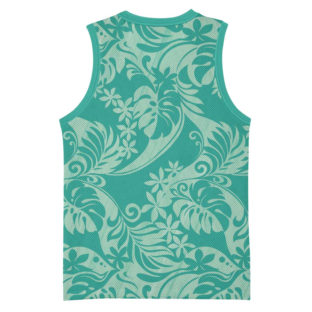 Tahiti Teal Tiare Floral Basketball Jersey Monstera Palm Tropical Leaves LT01 - Polynesian Pride