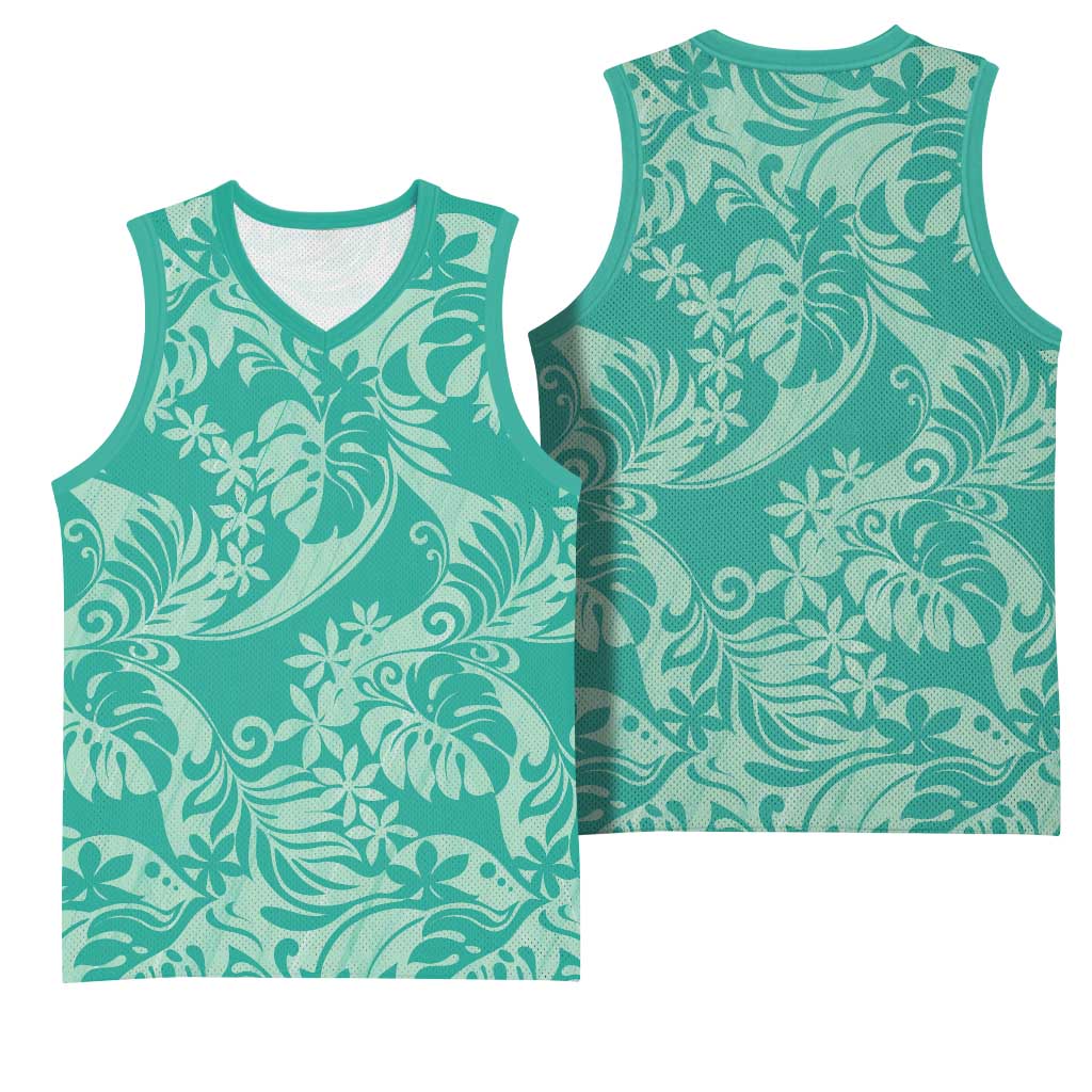 Tahiti Teal Tiare Floral Basketball Jersey Monstera Palm Tropical Leaves LT01 - Polynesian Pride