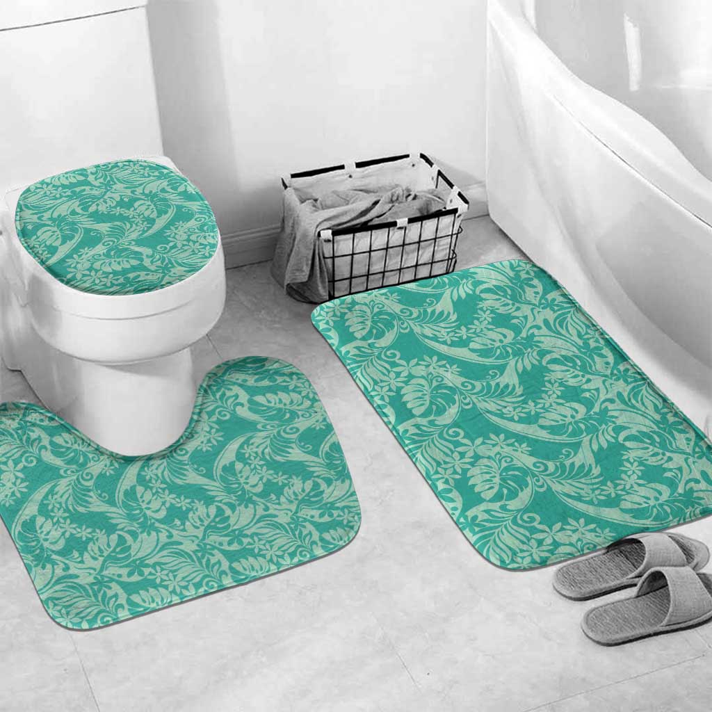 Tahiti Teal Tiare Floral Bathroom Set Monstera Palm Tropical Leaves LT01 Mat Set Only (3 pcs) One Size Teal - Polynesian Pride