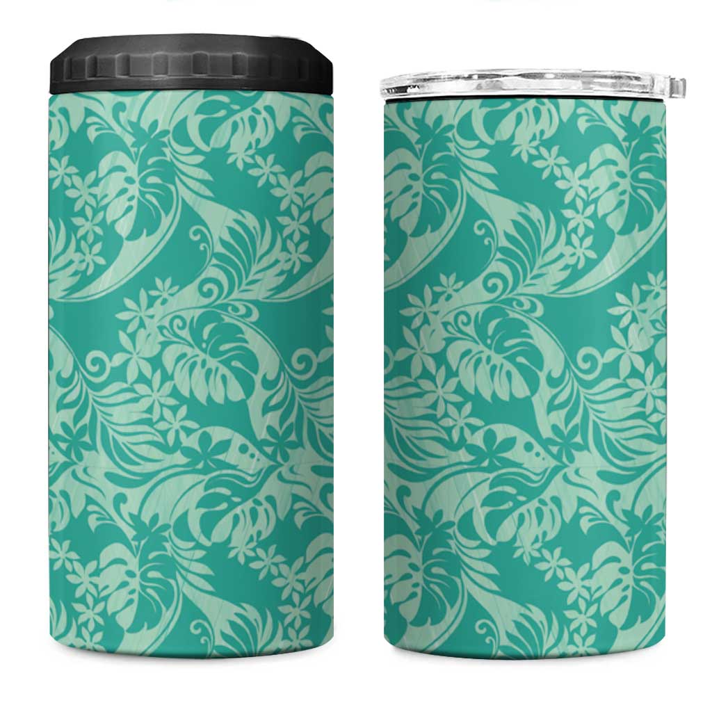 Tahiti Teal Tiare Floral 4 in 1 Can Cooler Tumbler Monstera Palm Tropical Leaves LT01 One Size: 16 oz Teal - Polynesian Pride