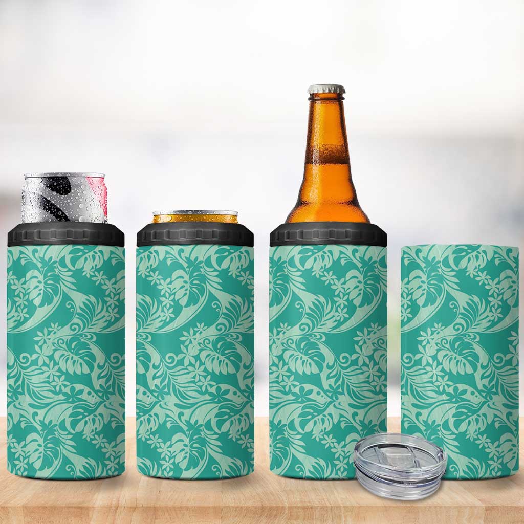 Tahiti Teal Tiare Floral 4 in 1 Can Cooler Tumbler Monstera Palm Tropical Leaves LT01 - Polynesian Pride