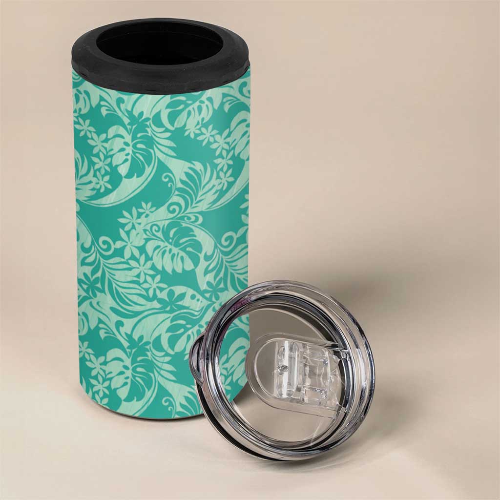 Tahiti Teal Tiare Floral 4 in 1 Can Cooler Tumbler Monstera Palm Tropical Leaves LT01 - Polynesian Pride