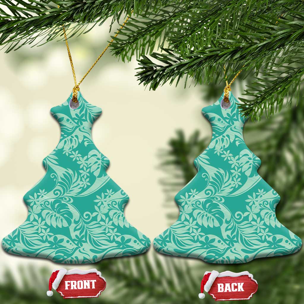 Tahiti Teal Tiare Floral Ceramic Ornament Monstera Palm Tropical Leaves - Polynesian Pride