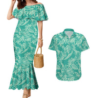 Tahiti Teal Tiare Floral Couples Matching Mermaid Dress and Hawaiian Shirt Monstera Palm Tropical Leaves LT01 Teal - Polynesian Pride