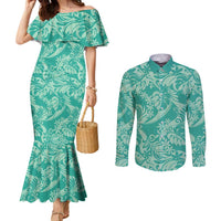 Tahiti Teal Tiare Floral Couples Matching Mermaid Dress and Long Sleeve Button Shirt Monstera Palm Tropical Leaves LT01 Teal - Polynesian Pride