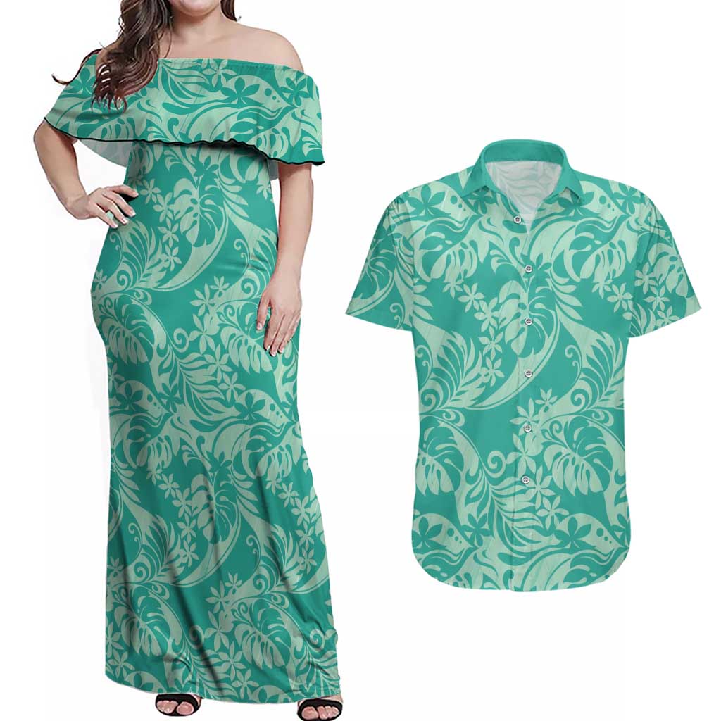 Tahiti Teal Tiare Floral Couples Matching Off Shoulder Maxi Dress and Hawaiian Shirt Monstera Palm Tropical Leaves - Polynesian Pride