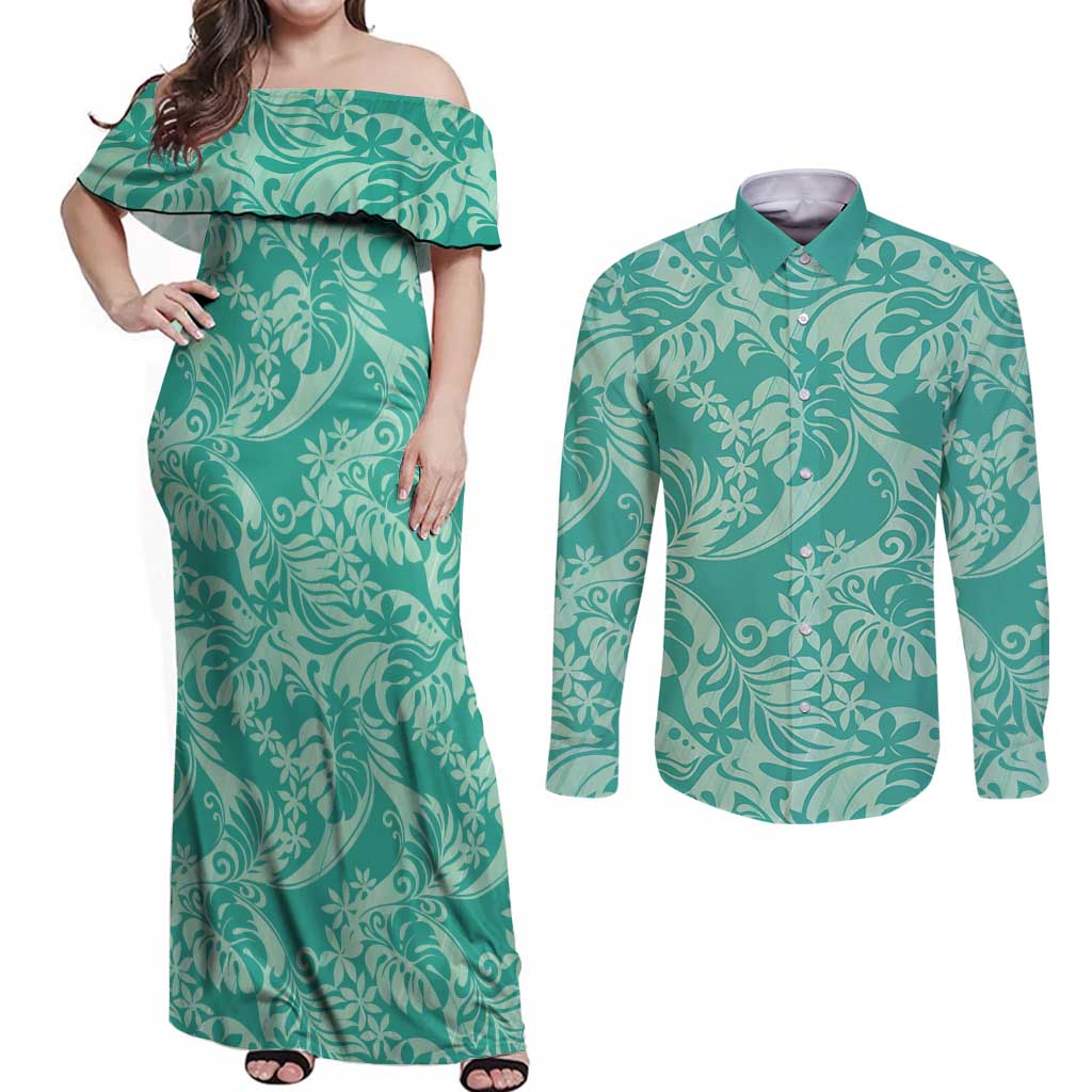 Tahiti Teal Tiare Floral Couples Matching Off Shoulder Maxi Dress and Long Sleeve Button Shirt Monstera Palm Tropical Leaves LT01 Teal - Polynesian Pride