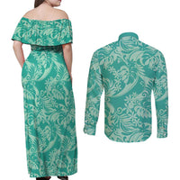 Tahiti Teal Tiare Floral Couples Matching Off Shoulder Maxi Dress and Long Sleeve Button Shirt Monstera Palm Tropical Leaves LT01 - Polynesian Pride