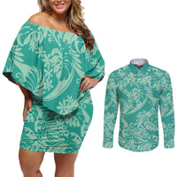 Tahiti Teal Tiare Floral Couples Matching Off Shoulder Short Dress and Long Sleeve Button Shirt Monstera Palm Tropical Leaves LT01 Teal - Polynesian Pride