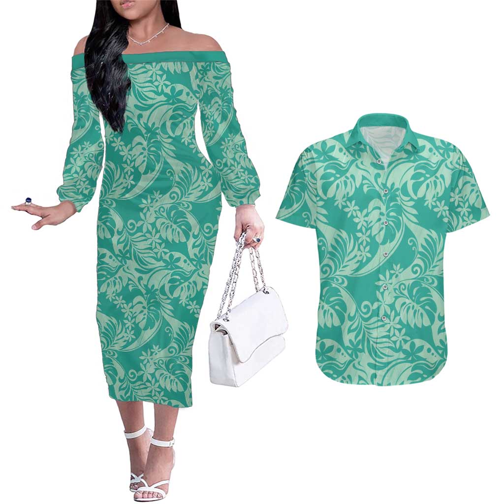 Tahiti Teal Tiare Floral Couples Matching Off The Shoulder Long Sleeve Dress and Hawaiian Shirt Monstera Palm Tropical Leaves LT01 Teal - Polynesian Pride