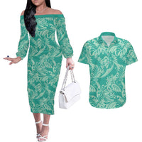 Tahiti Teal Tiare Floral Couples Matching Off The Shoulder Long Sleeve Dress and Hawaiian Shirt Monstera Palm Tropical Leaves LT01 Teal - Polynesian Pride