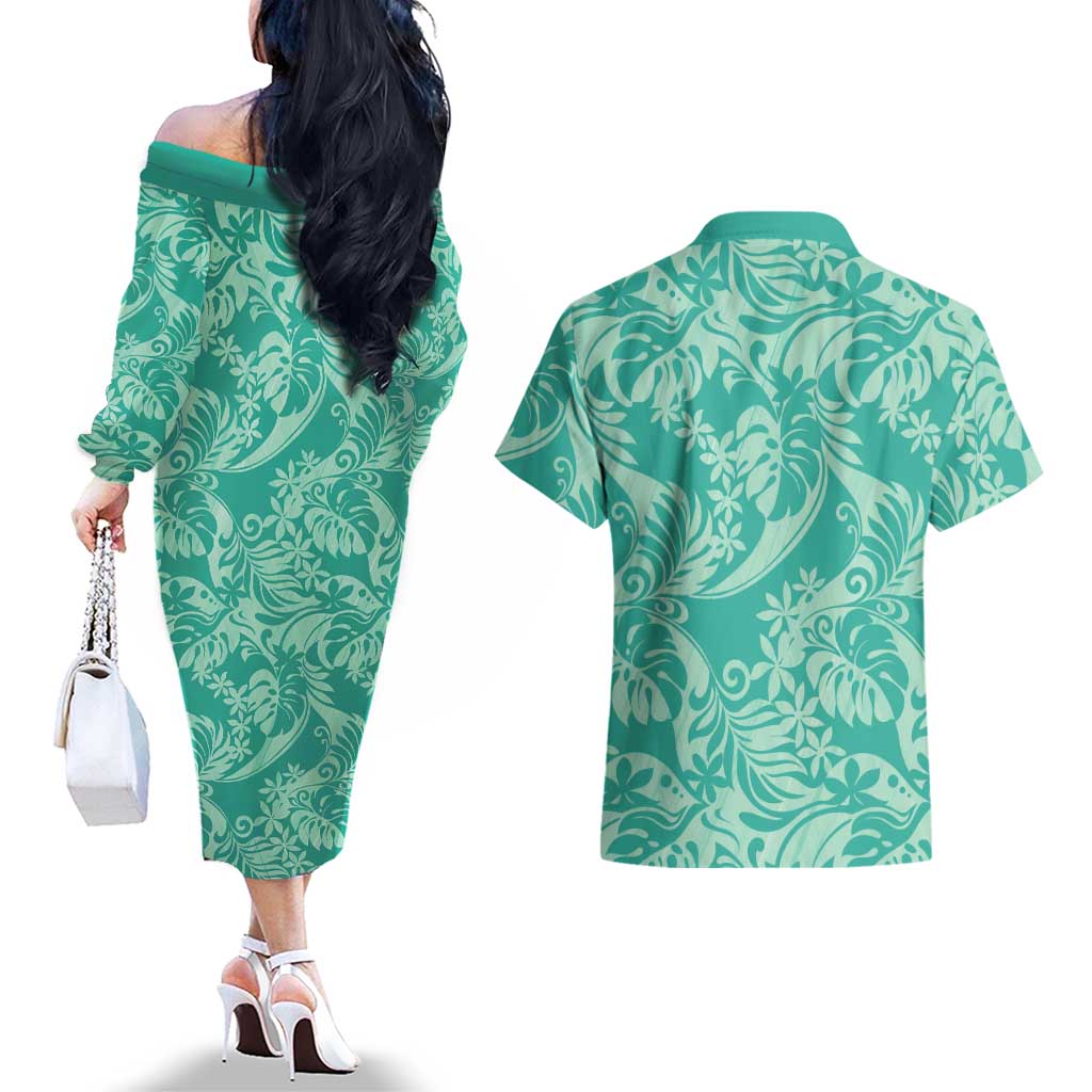 Tahiti Teal Tiare Floral Couples Matching Off The Shoulder Long Sleeve Dress and Hawaiian Shirt Monstera Palm Tropical Leaves LT01 - Polynesian Pride