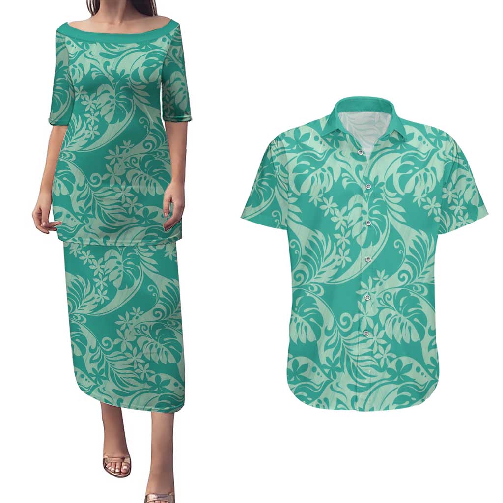 Tahiti Teal Tiare Floral Couples Matching Puletasi and Hawaiian Shirt Monstera Palm Tropical Leaves LT01 Teal - Polynesian Pride