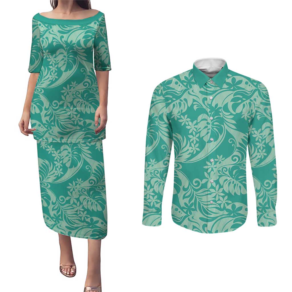 Tahiti Teal Tiare Floral Couples Matching Puletasi and Long Sleeve Button Shirt Monstera Palm Tropical Leaves LT01 Teal - Polynesian Pride