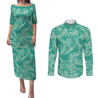 Tahiti Teal Tiare Floral Couples Matching Puletasi and Long Sleeve Button Shirt Monstera Palm Tropical Leaves LT01 Teal - Polynesian Pride