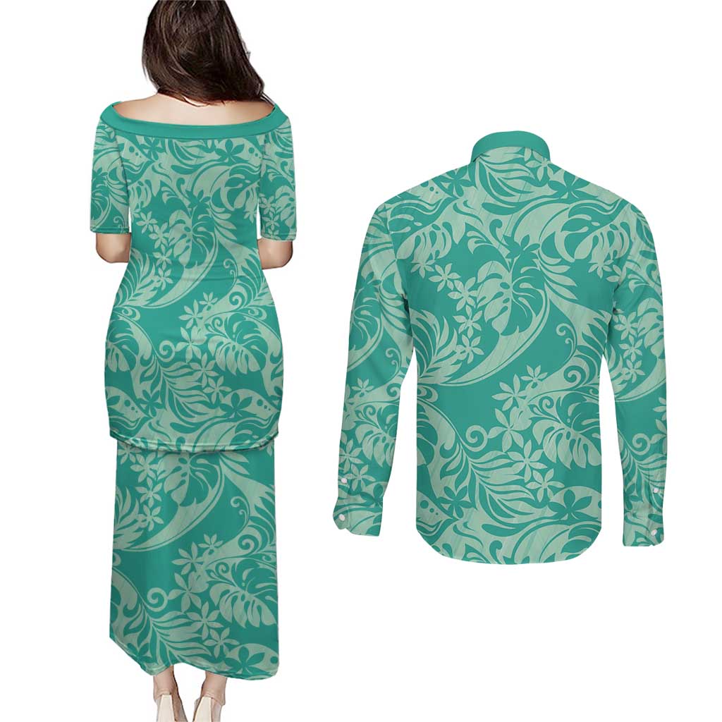 Tahiti Teal Tiare Floral Couples Matching Puletasi and Long Sleeve Button Shirt Monstera Palm Tropical Leaves LT01 - Polynesian Pride