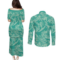 Tahiti Teal Tiare Floral Couples Matching Puletasi and Long Sleeve Button Shirt Monstera Palm Tropical Leaves LT01 - Polynesian Pride