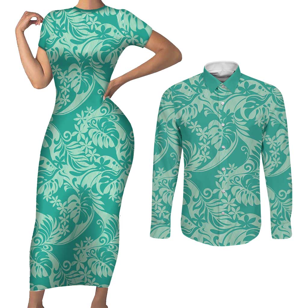 Tahiti Teal Tiare Floral Couples Matching Short Sleeve Bodycon Dress and Long Sleeve Button Shirt Monstera Palm Tropical Leaves LT01 Teal - Polynesian Pride