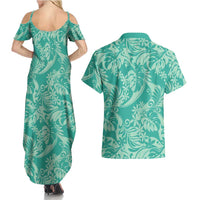 Tahiti Teal Tiare Floral Couples Matching Summer Maxi Dress and Hawaiian Shirt Monstera Palm Tropical Leaves LT01 - Polynesian Pride