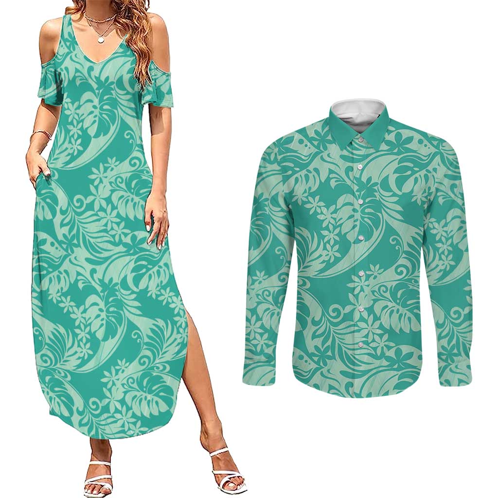 Tahiti Teal Tiare Floral Couples Matching Summer Maxi Dress and Long Sleeve Button Shirt Monstera Palm Tropical Leaves LT01 Teal - Polynesian Pride