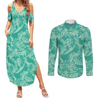 Tahiti Teal Tiare Floral Couples Matching Summer Maxi Dress and Long Sleeve Button Shirt Monstera Palm Tropical Leaves LT01 Teal - Polynesian Pride