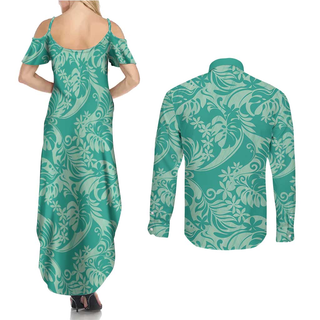Tahiti Teal Tiare Floral Couples Matching Summer Maxi Dress and Long Sleeve Button Shirt Monstera Palm Tropical Leaves LT01 - Polynesian Pride