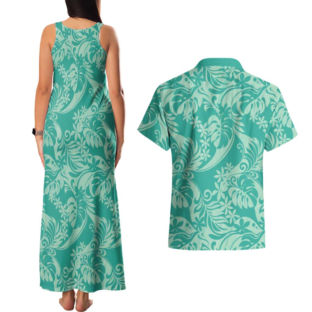Tahiti Teal Tiare Floral Couples Matching Tank Maxi Dress and Hawaiian Shirt Monstera Palm Tropical Leaves LT01 - Polynesian Pride