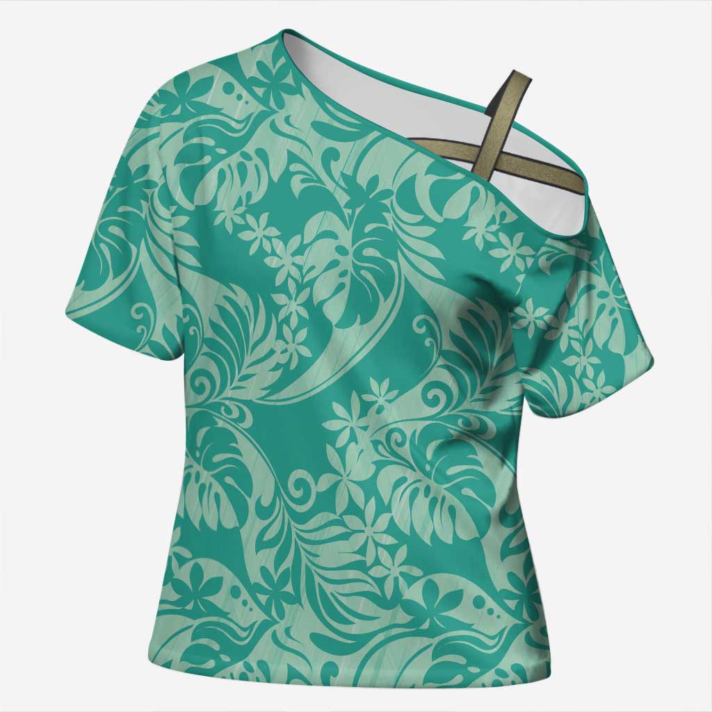 Tahiti Teal Tiare Floral Cross Shoulder Shirt Monstera Palm Tropical Leaves LT01 Female Teal - Polynesian Pride