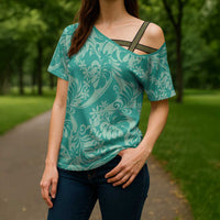 Tahiti Teal Tiare Floral Cross Shoulder Shirt Monstera Palm Tropical Leaves LT01 - Polynesian Pride