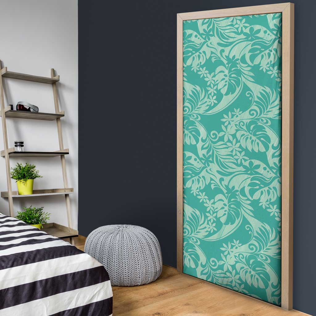 Tahiti Teal Tiare Floral Door Cover Monstera Palm Tropical Leaves LT01 - Polynesian Pride