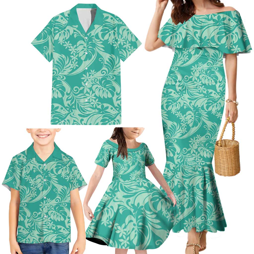 Tahiti Teal Tiare Floral Family Matching Mermaid Dress and Hawaiian Shirt Monstera Palm Tropical Leaves - Polynesian Pride