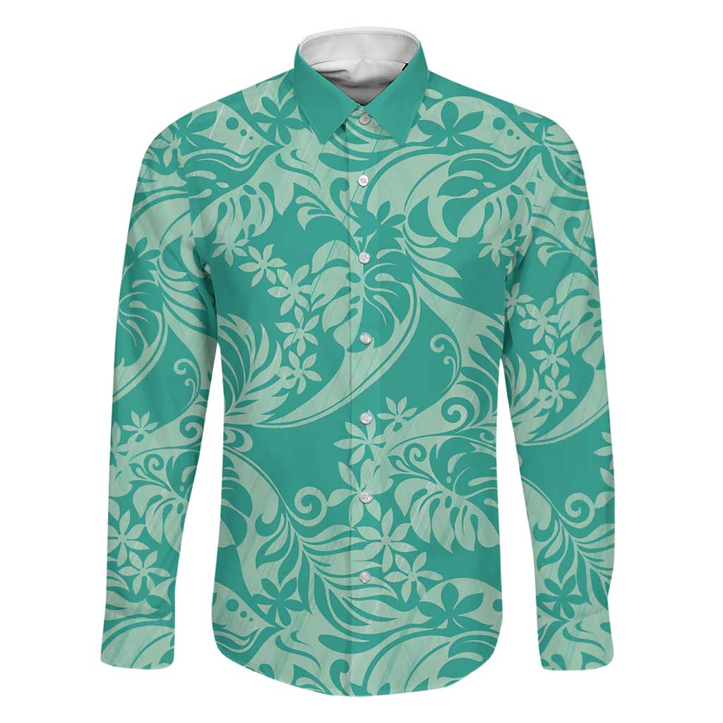 Tahiti Teal Tiare Floral Family Matching Mermaid Dress and Hawaiian Shirt Monstera Palm Tropical Leaves LT01 Dad's Shirt - Long Sleeve Teal - Polynesian Pride