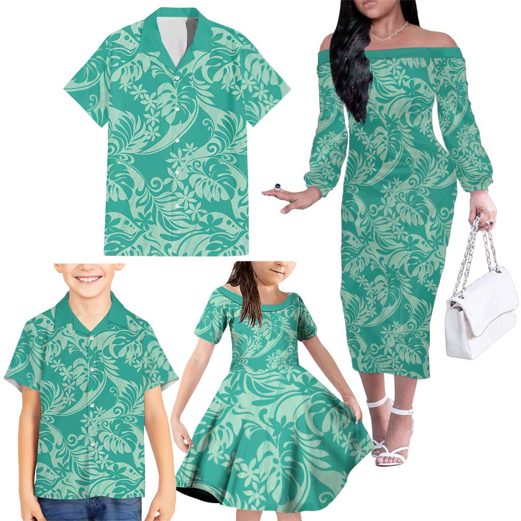 Tahiti Teal Tiare Floral Family Matching Off The Shoulder Long Sleeve Dress and Hawaiian Shirt Monstera Palm Tropical Leaves LT01 - Polynesian Pride