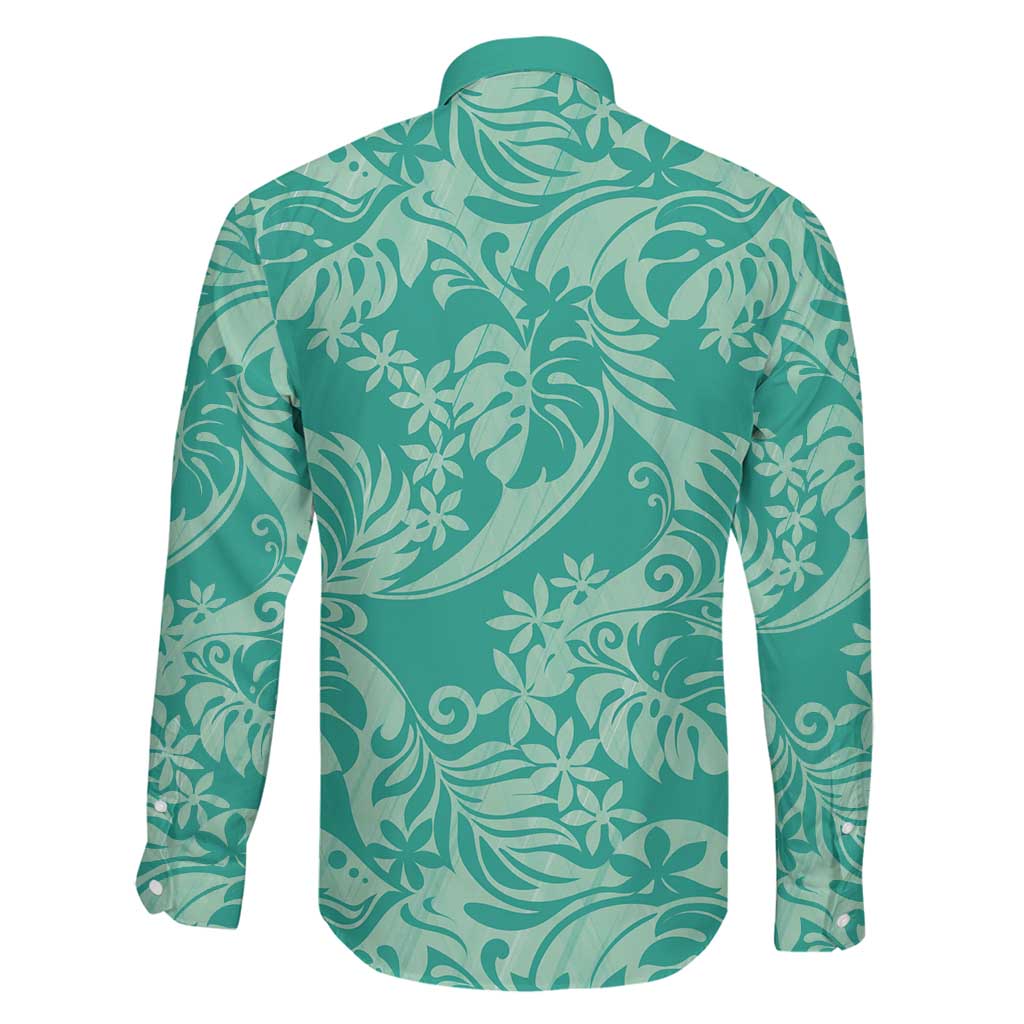 Tahiti Teal Tiare Floral Family Matching Off The Shoulder Long Sleeve Dress and Hawaiian Shirt Monstera Palm Tropical Leaves LT01 - Polynesian Pride