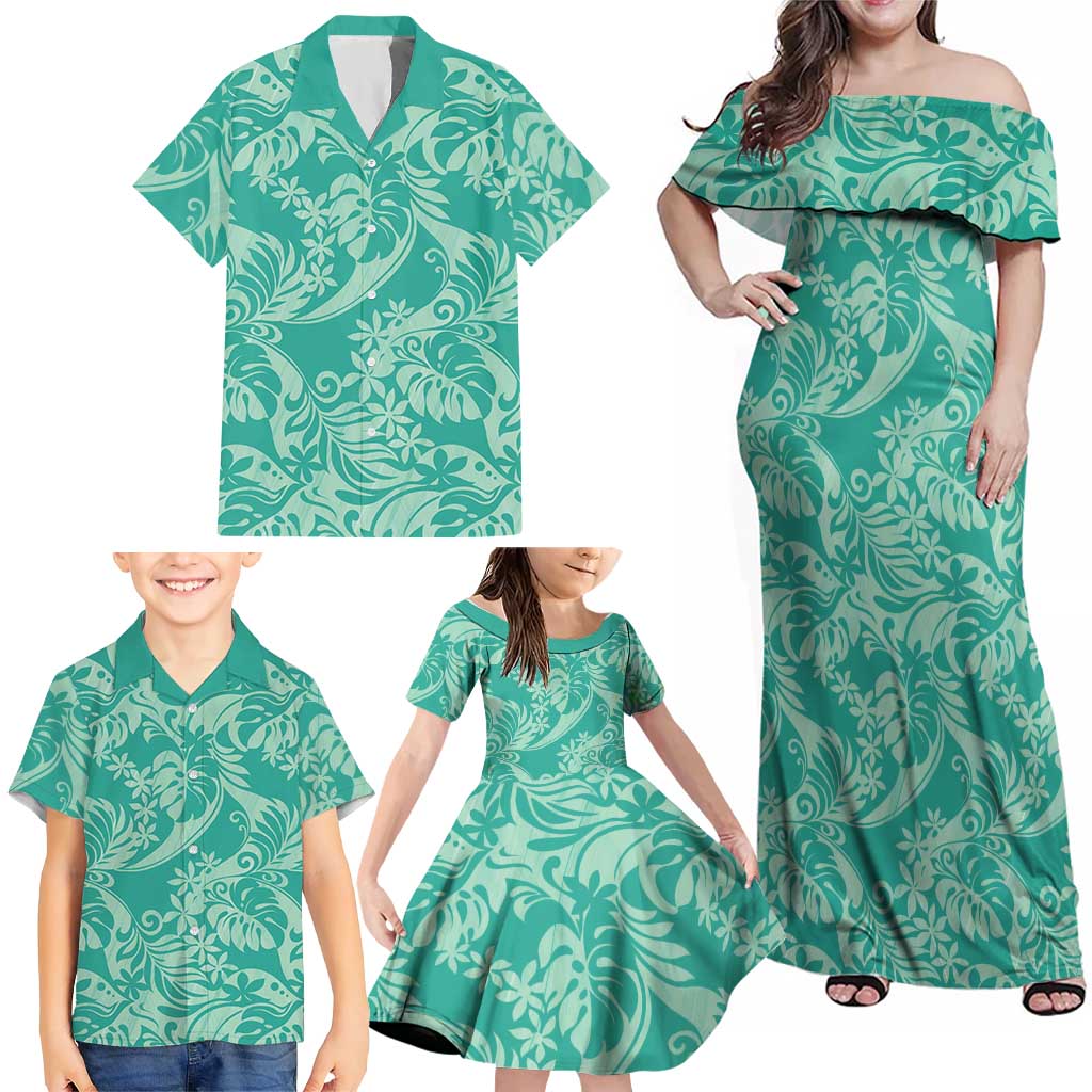 Tahiti Teal Tiare Floral Family Matching Off Shoulder Maxi Dress and Hawaiian Shirt Monstera Palm Tropical Leaves LT01 - Polynesian Pride