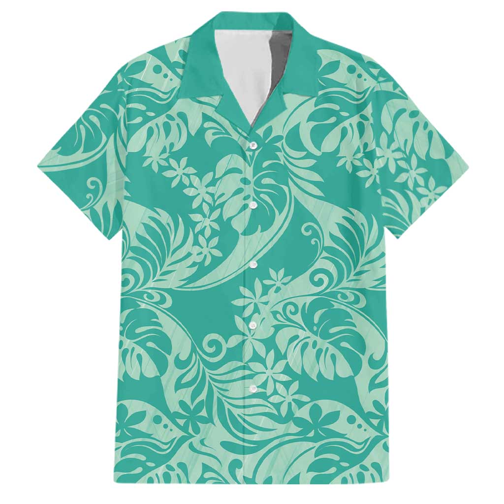 Tahiti Teal Tiare Floral Family Matching Off Shoulder Maxi Dress and Hawaiian Shirt Monstera Palm Tropical Leaves LT01 Dad's Shirt - Short Sleeve Teal - Polynesian Pride