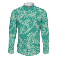 Tahiti Teal Tiare Floral Family Matching Off Shoulder Maxi Dress and Hawaiian Shirt Monstera Palm Tropical Leaves LT01 Dad's Shirt - Long Sleeve Teal - Polynesian Pride