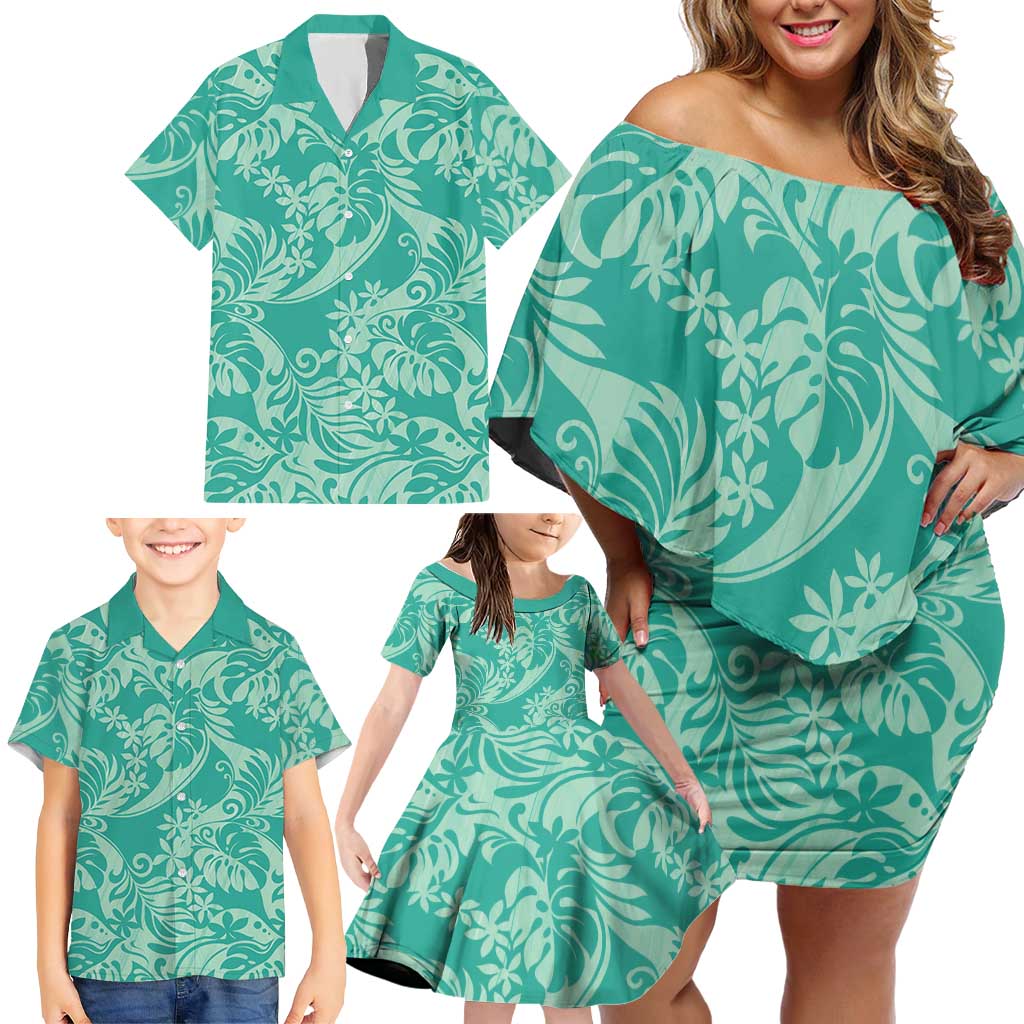 Tahiti Teal Tiare Floral Family Matching Off Shoulder Short Dress and Hawaiian Shirt Monstera Palm Tropical Leaves - Polynesian Pride