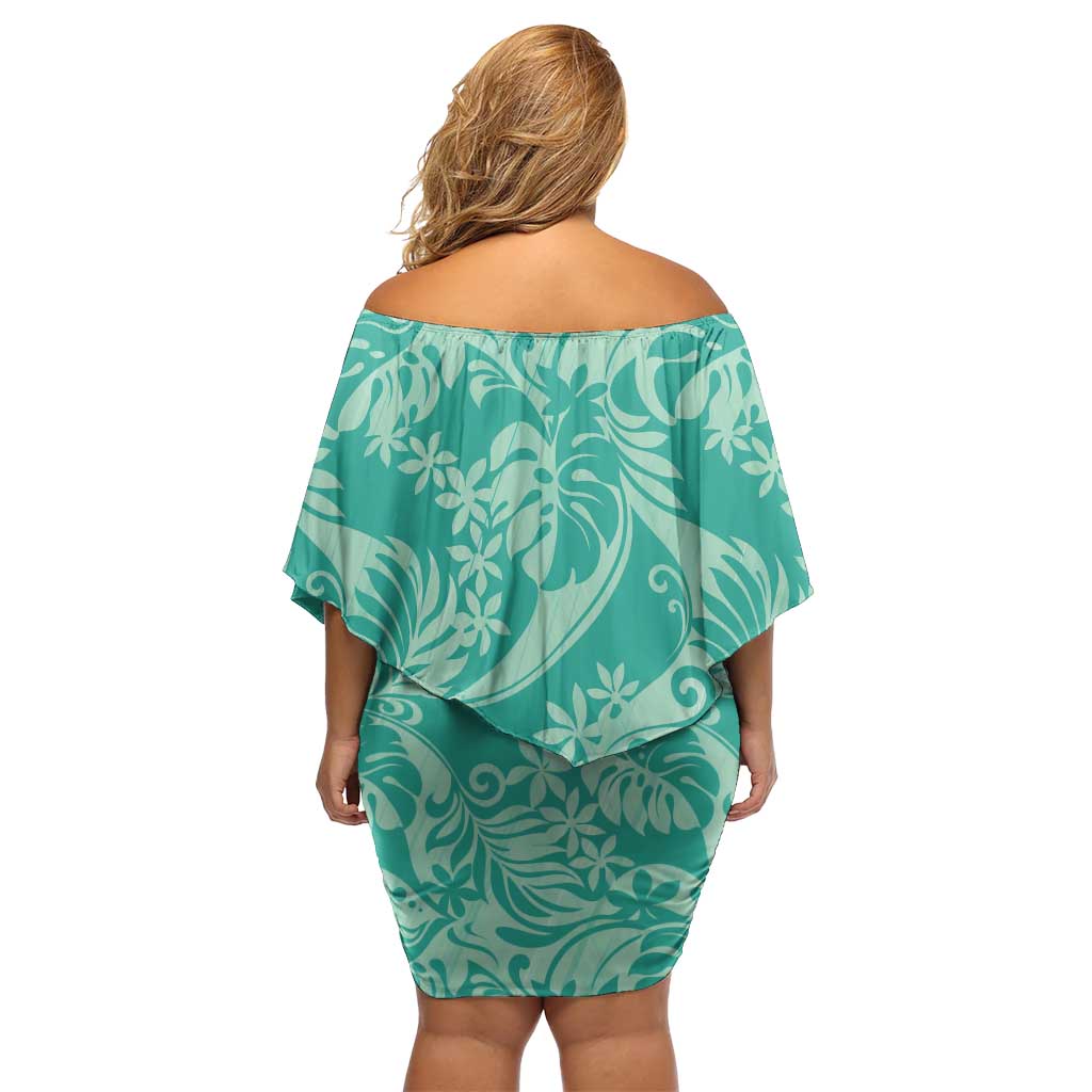 Tahiti Teal Tiare Floral Family Matching Off Shoulder Short Dress and Hawaiian Shirt Monstera Palm Tropical Leaves LT01 - Polynesian Pride