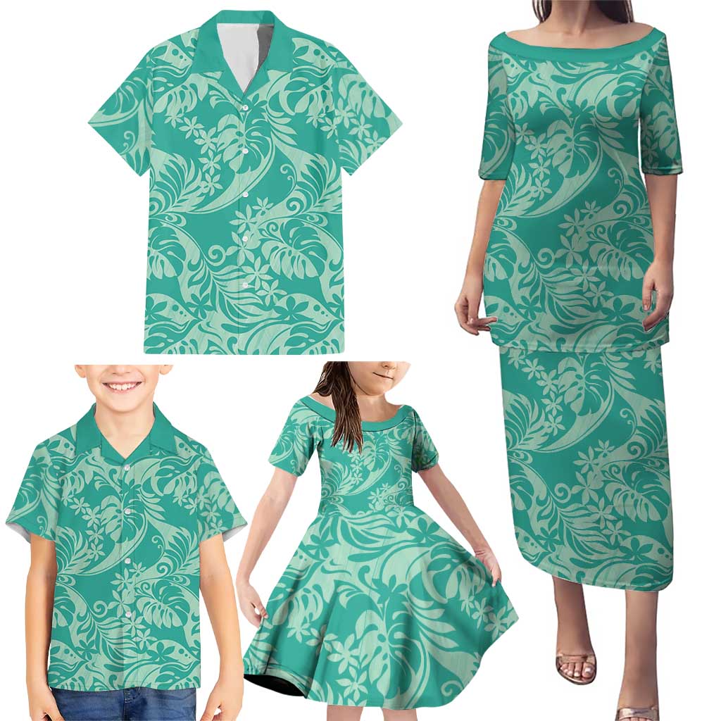 Tahiti Teal Tiare Floral Family Matching Puletasi and Hawaiian Shirt Monstera Palm Tropical Leaves LT01 - Polynesian Pride