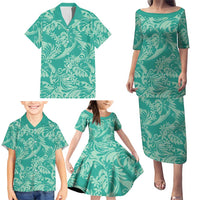 Tahiti Teal Tiare Floral Family Matching Puletasi and Hawaiian Shirt Monstera Palm Tropical Leaves LT01 - Polynesian Pride